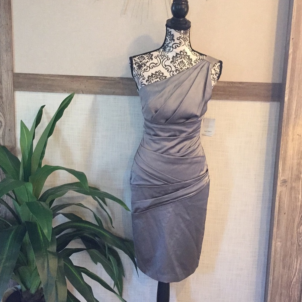 BNWT Silver Satin $138 One Shoulder Dress - Picture 2 of 6